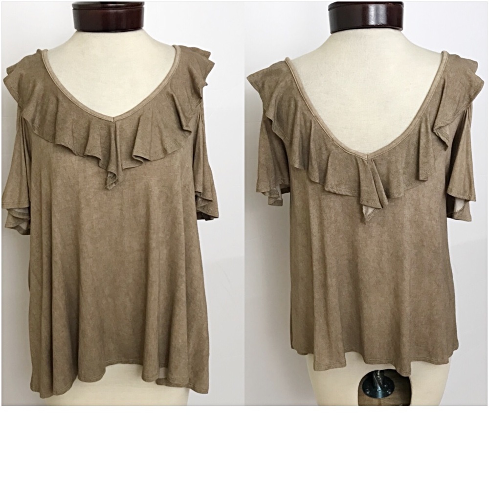 Boho Ruffle Flowy V-Neck Cold Shoulder Top S/M - Picture 5 of 6